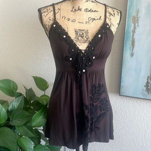 Soul Revival Womens Black Embroidered Silk Jewel Detail Tank Top Size XS